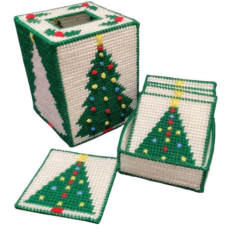 Handcrafted Christmas Tree Tissue Box Cover & Coasters Set Holiday Home Decor‎